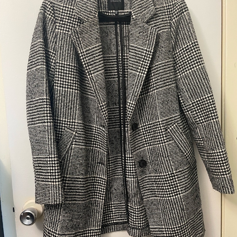 Dynamite Black & White Glen Plaid Pea Coat with Notch Lapel